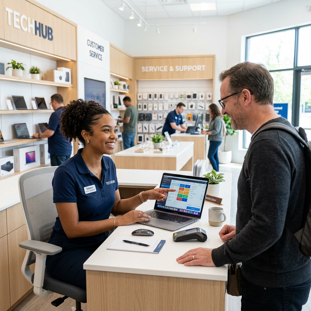 Dueño de negocio feliz con computadora